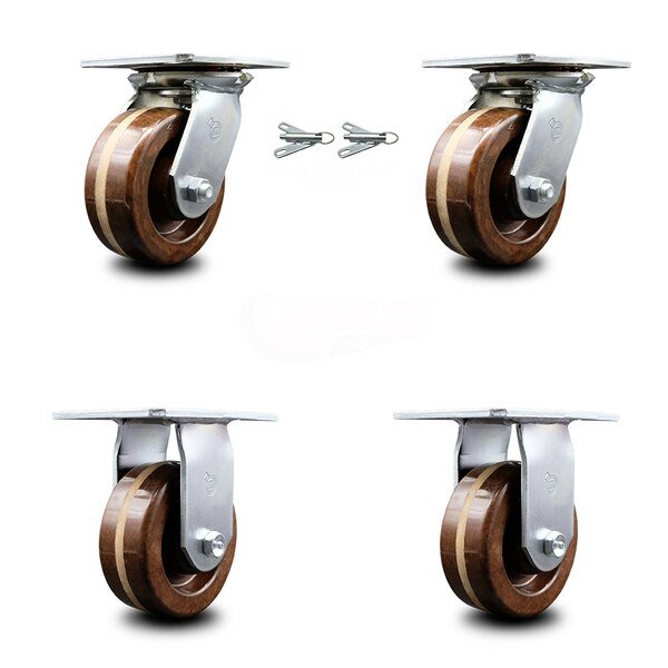 5 Inch High Temp Phenolic Caster Set with Roller Bearing 2 Swivel Lock 2 Rigid, Service Caster, Mfr#: SCC-35S520-PHRHT-BSL-2-R-2